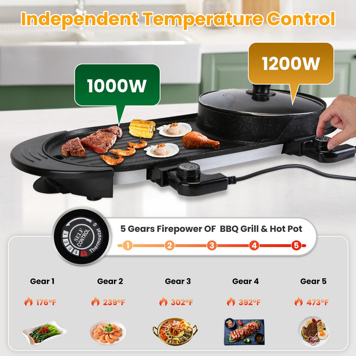 2-in-1 Electric Pot 2200W – Hot Pot with Non-Stick Korean Grill and Independent Control