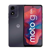 Teléfono Motorola G04S en color negro con pantalla de 6.6", doble SIM, 128GB de almacenamiento y 4GB de RAM.