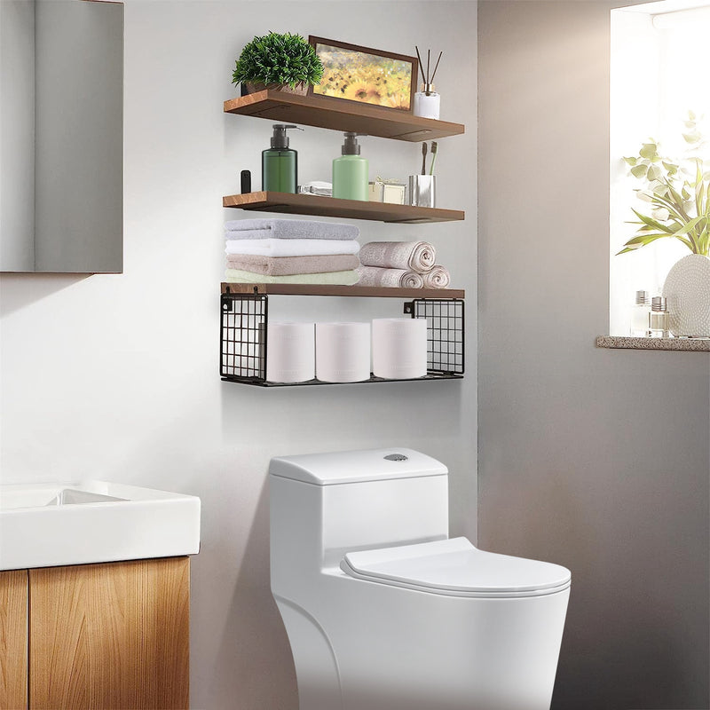 2-in-1 Floating Shelf Set with Metal Basket