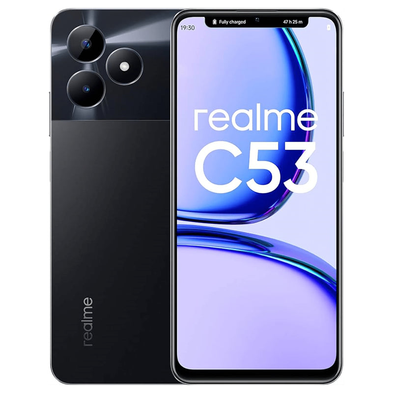 Celular Realme C53 con pantalla de 6.74 pulgadas, doble SIM, 256GB de almacenamiento y 8GB de RAM, en color negro.
