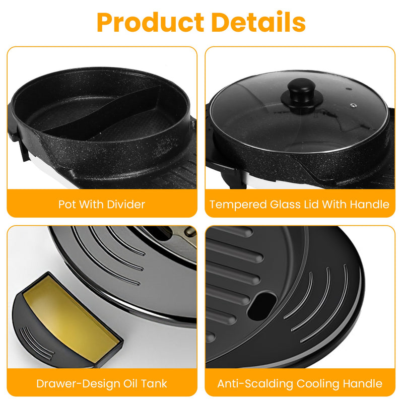 2-in-1 Electric Pot 2200W – Hot Pot with Non-Stick Korean Grill and Independent Control