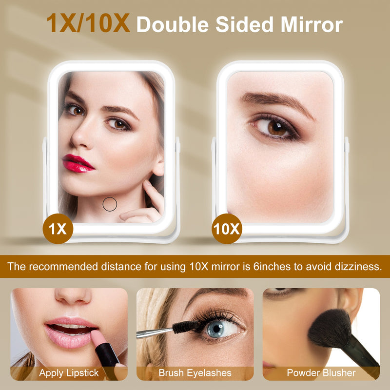 LED Makeup Mirror 10X – Portable Rechargeable with 3 Lights