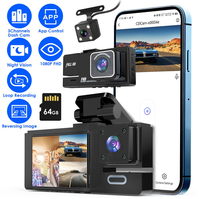 3-Channel Dash Cam – Full HD with WiFi, Night Vision, and 64GB Card