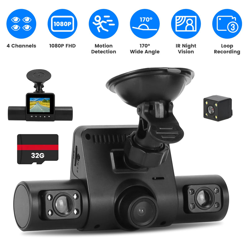 4 Channel Dash Cam – 1080P Front, Night Vision, and 32GB Card