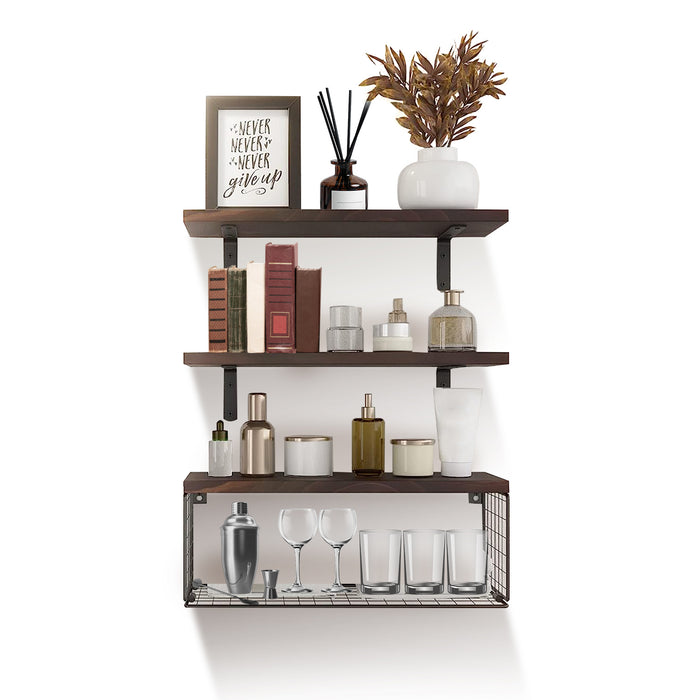 2-in-1 Floating Shelf Set with Metal Basket