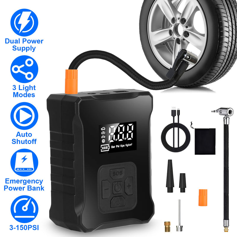 Digital Air Compressor 150PSI – Cordless Inflator with LED Light and Emergency Battery