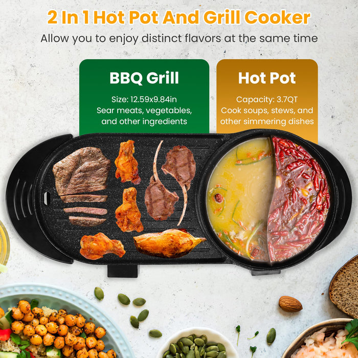 2-in-1 Electric Pot 2200W – Hot Pot with Non-Stick Korean Grill and Independent Control