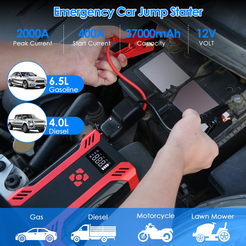2000A Car Jump Starter with 150PSI Air Compressor – 37000mAh Power Bank and LED Flashlight
