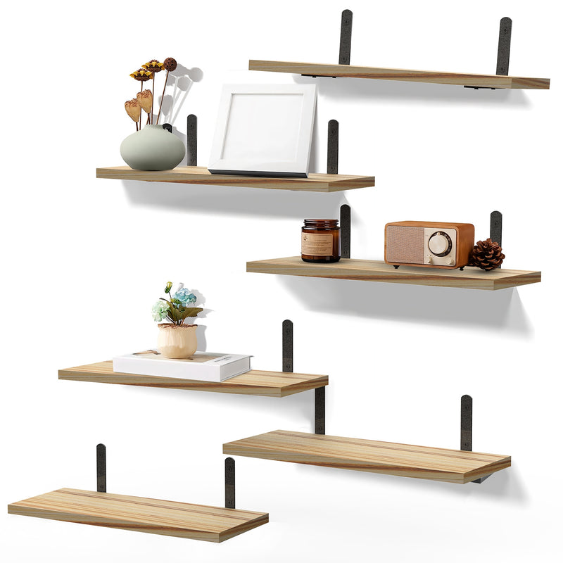 Set of 6 Wooden Floating Shelves – Wall Organizers with 44lbs Metal Bracket