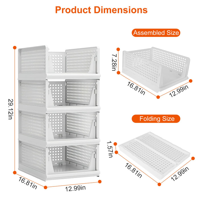 Set of 4 Foldable Storage Boxes – Stackable in White Plastic