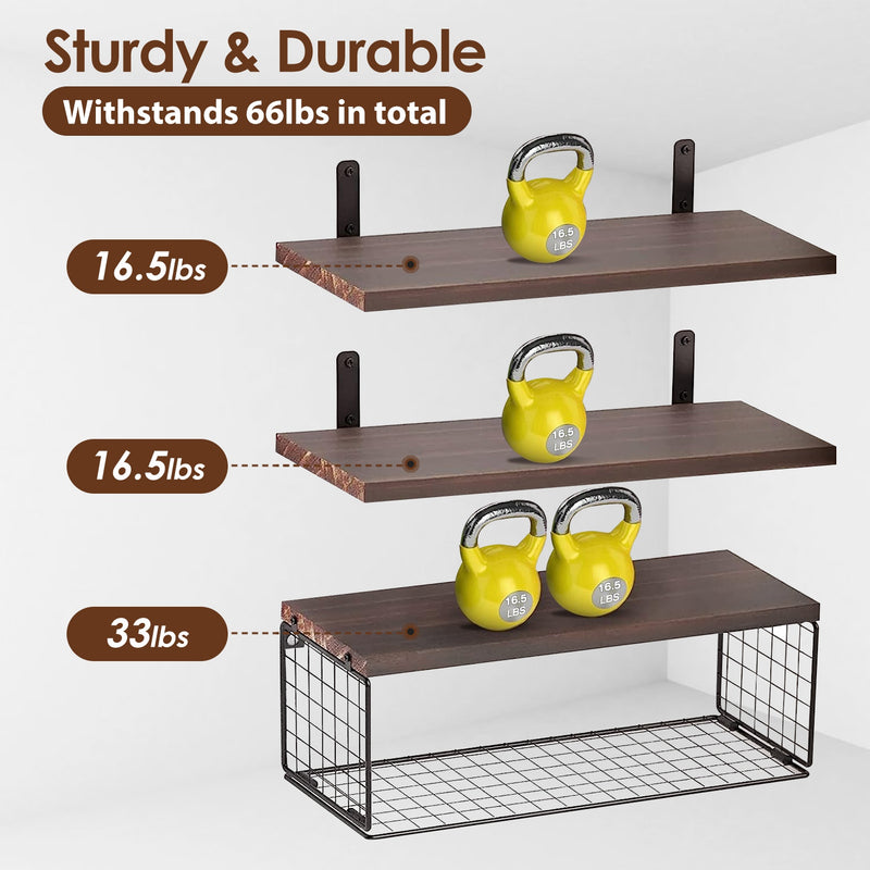 2-in-1 Floating Shelf Set with Metal Basket