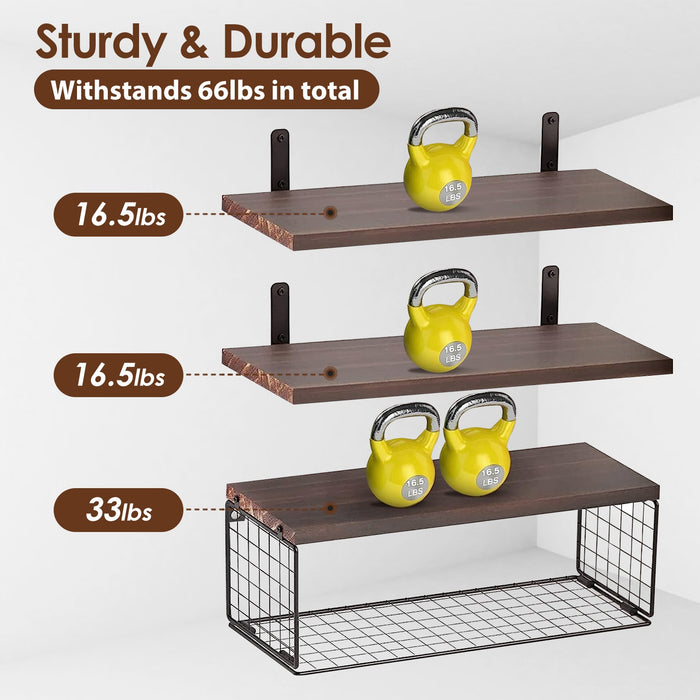 2-in-1 Floating Shelf Set with Metal Basket