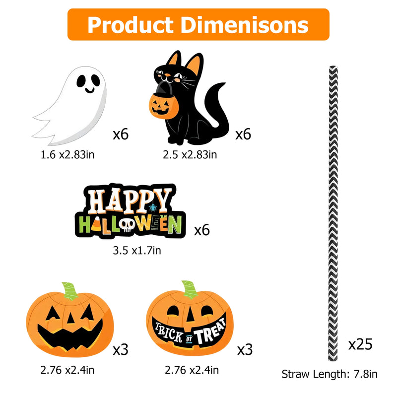 Halloween Decorative Straw Set – 25 Pieces with 24 Cards and Adhesives