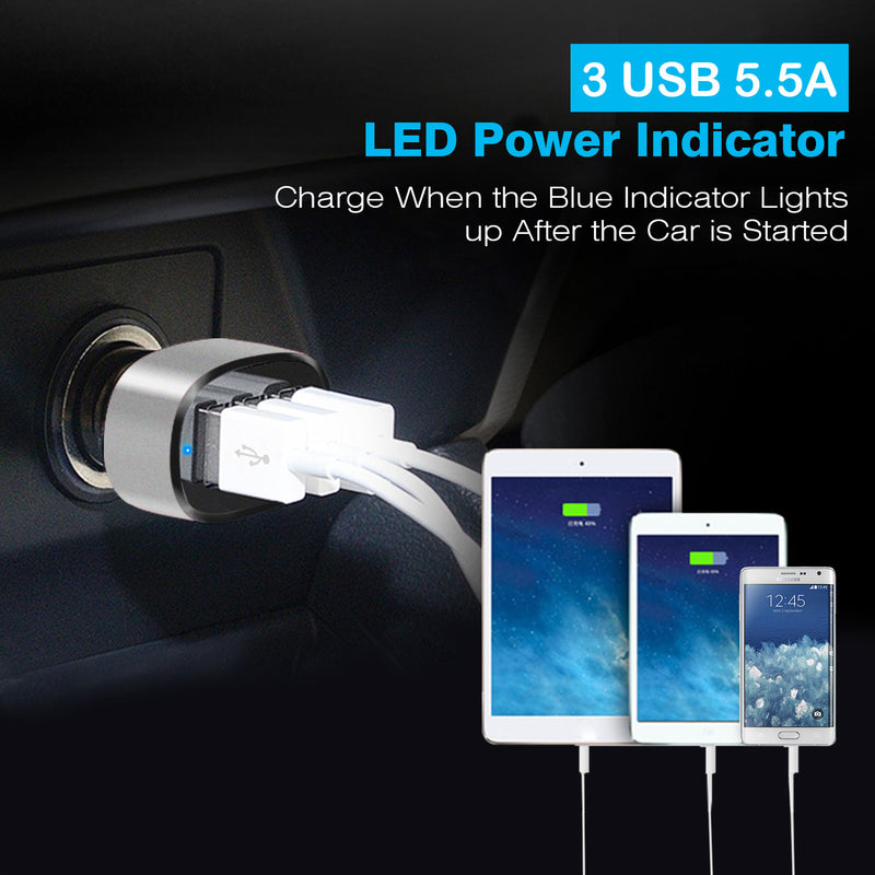 Car Charger 3 Ports – Compact, 30W for Phones and Tablets