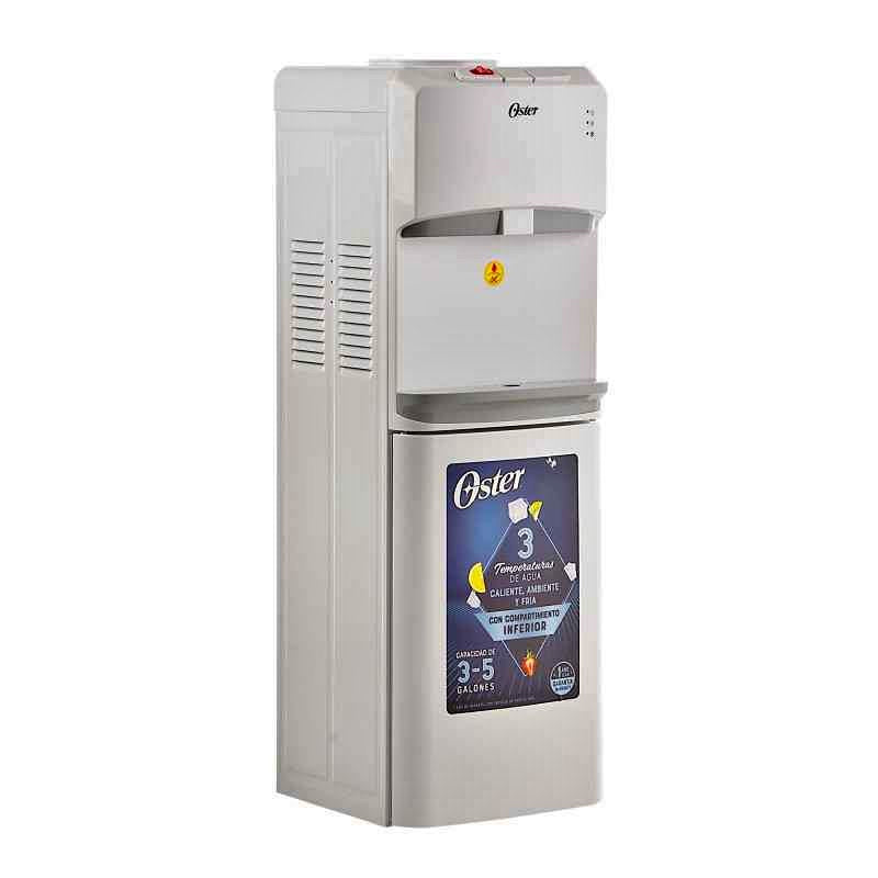 Dispensador de agua Oster blanco para uso en el hogar, con grifo y recipiente de capacidad mediana.