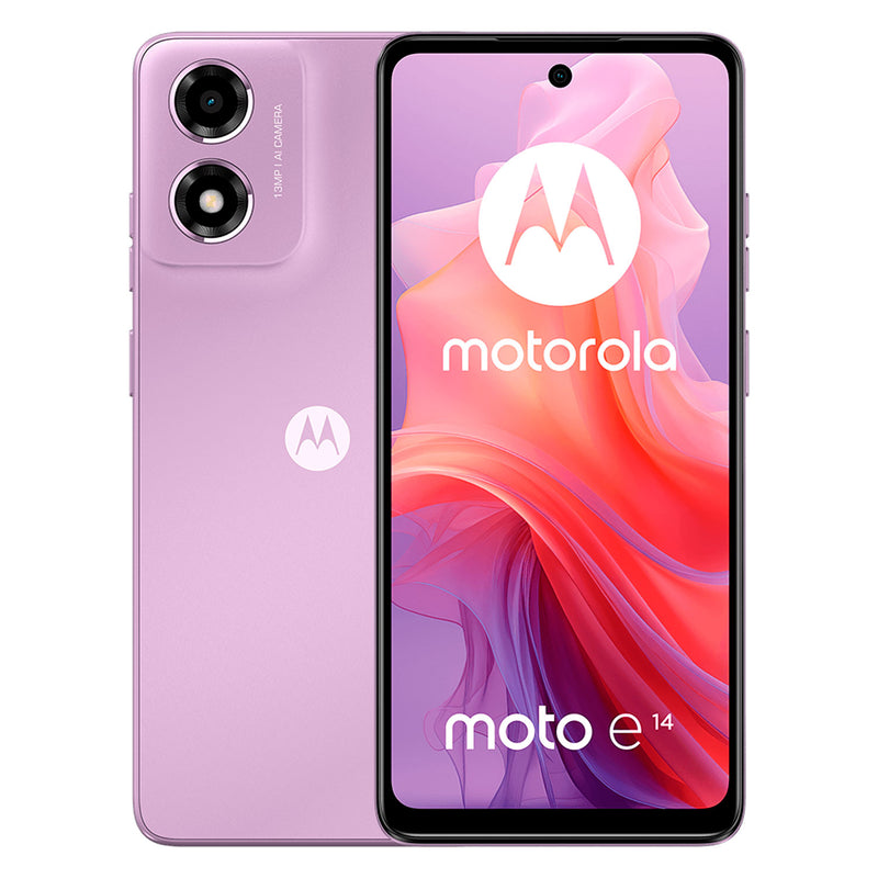 Celular Motorola E14 con pantalla de 6.56 pulgadas, doble SIM, 64GB de almacenamiento y 2GB de RAM, en color negro.