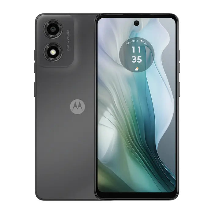 Teléfono Motorola E14 con pantalla de 6.56 pulgadas, doble SIM, 64GB de almacenamiento y 2GB de RAM, en color negro.