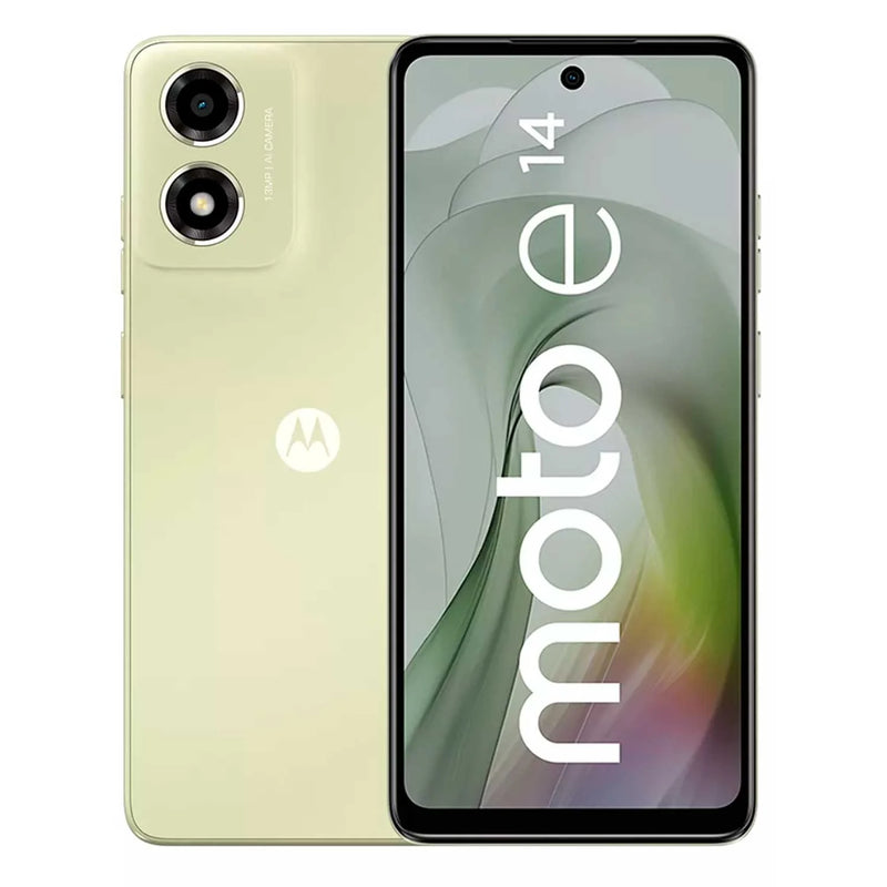 Celular Motorola E14 con pantalla de 6.56 pulgadas, doble SIM, 64GB de almacenamiento y 2GB de RAM, en color negro.