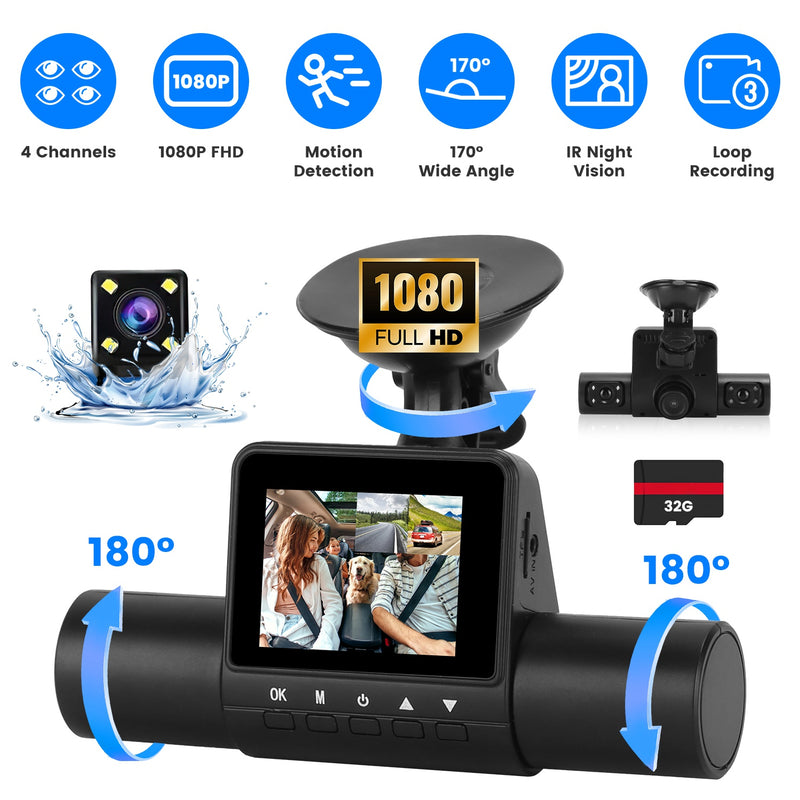 4 Channel Dash Cam – 1080P Front, Night Vision, and 32GB Card