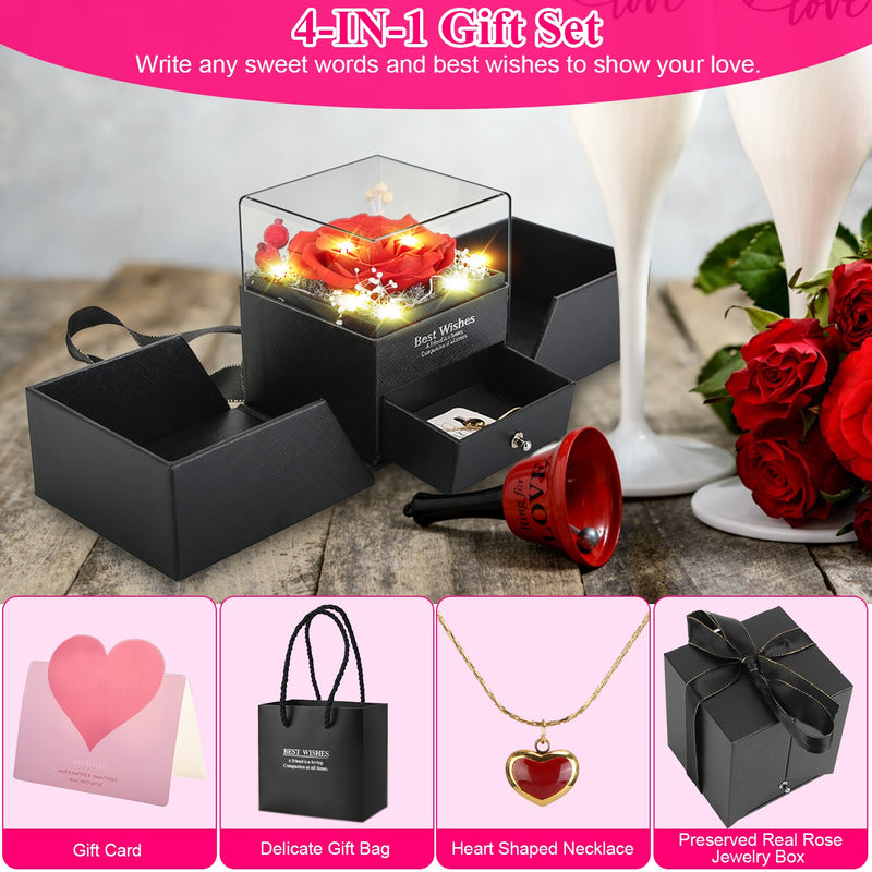 Preserved Real Rose – Gift Box with Heart Necklace