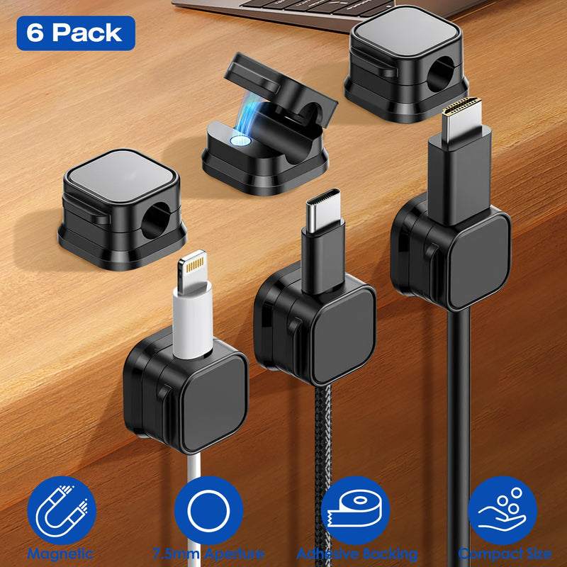 6 Magnetic Cable Clips – Adhesive Desktop and Wall Holders