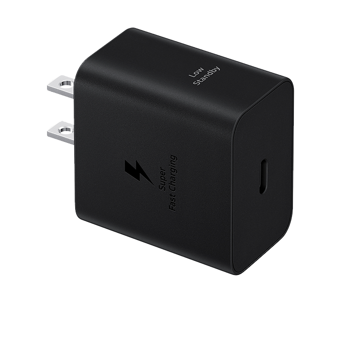 Adaptador de corriente Samsung USB-C de 45W en color negro, compatible con celulares y accesorios de carga rápida.