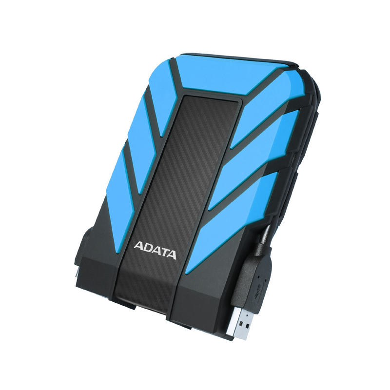 Disco duro externo Adata HD710 Pro de 2TB conectado a una computadora, protección resistente y diseño robusto.