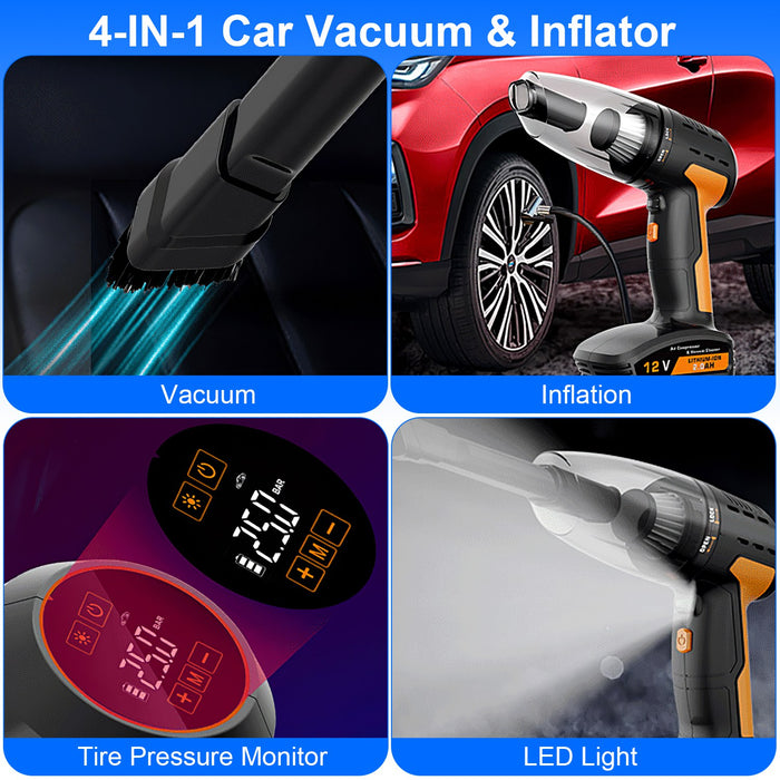4-in-1 Cordless Car Vacuum Cleaner – With Tire Inflator and Digital Display