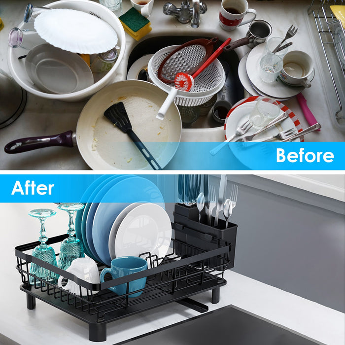 Multifunctional Dish Drying Rack – With 360° Rotating Drain Spout, Cutlery Holder, and Cup Holder
