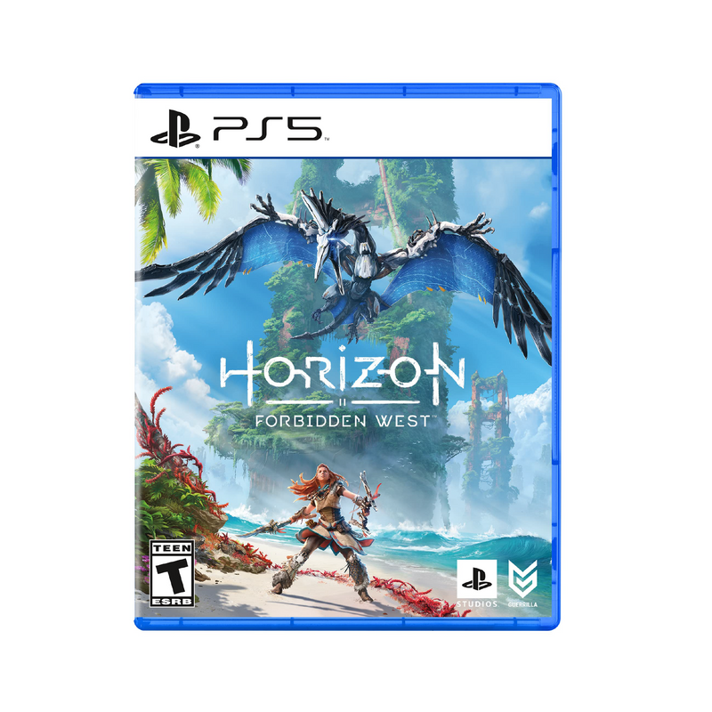 Juego Horizon Forbidden West para PlayStation 5, caja con portada del videojuego y consola PS5 visible en la imagen.