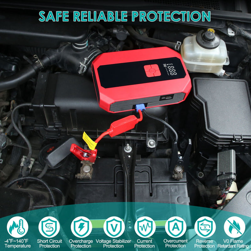 Battery Charger and Compressor - Car Jump Starter with Power Bank and Digital Control