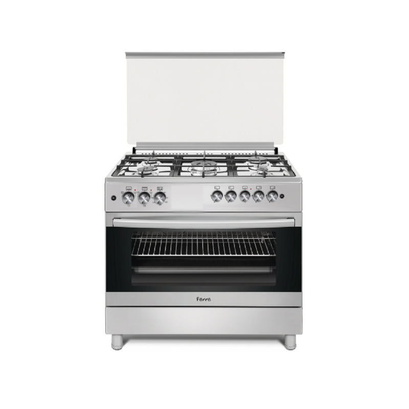 Estufa a gas Ferre de 6 quemadores en acero inoxidable, ideal para cocina del hogar, con superficie moderna y resistente