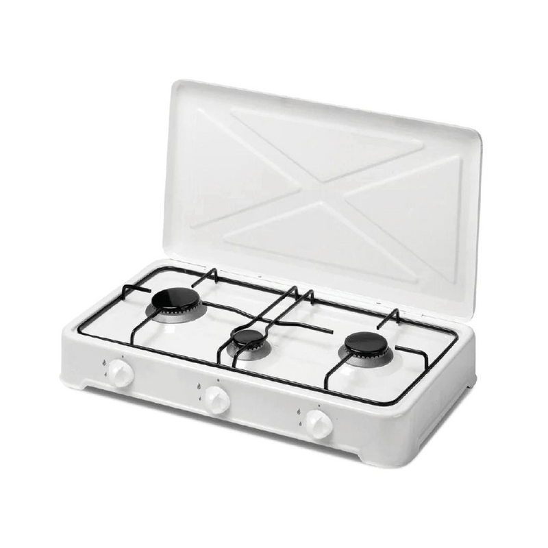 Estufa de mesa a gas Ferre O-300 de 3 quemadores en acero inoxidable para hogar, vista de los quemadores y superficie.