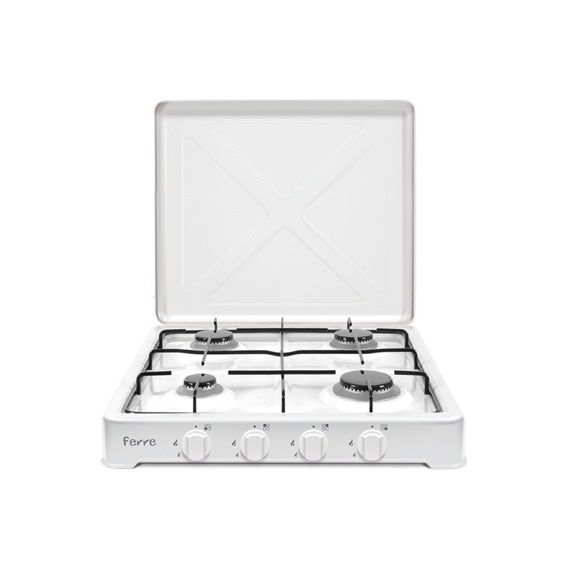 Estufa de mesa a gas Ferre O-400 de 4 quemadores en acero inoxidable para uso en el hogar.