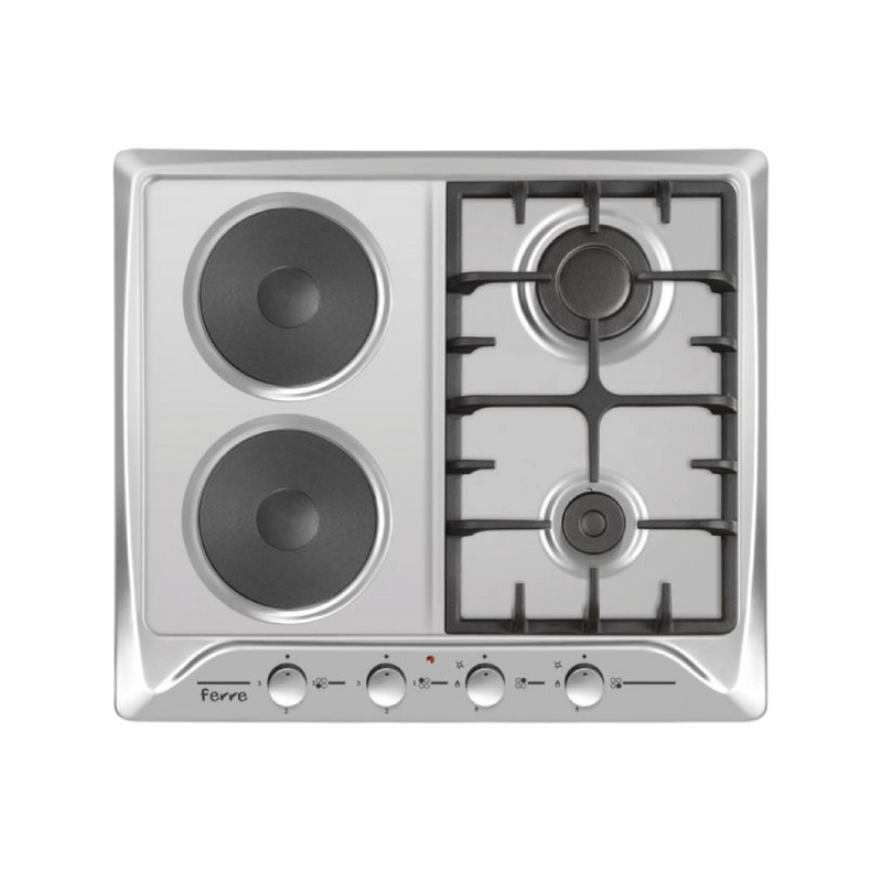 Estufa empotrable doble de 4 quemadores de acero inoxidable, eléctrica y de gas, para cocina moderna y funcional.