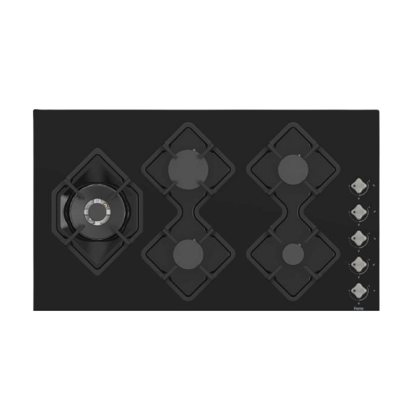 Estufa empotrable a gas de 5 quemadores Ferre en acero inoxidable, ideal para cocina moderna y duradera.