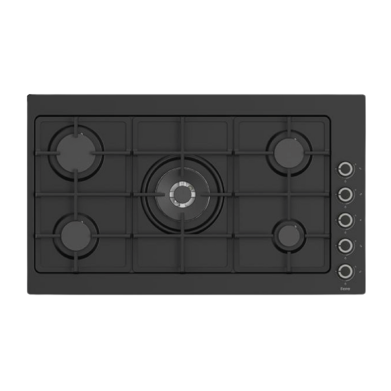 Estufa empotrable a gas de 5 quemadores Ferre en acero inoxidable, ideal para cocina moderna y funcional.