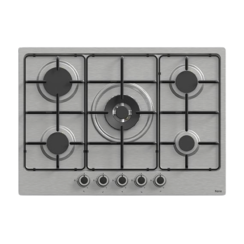 Estufa empotrable a gas de 5 quemadores Ferre en acero inoxidable, con controles y parrillas resistentes para cocina moderna.