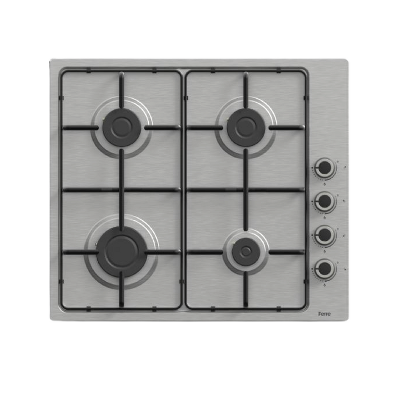 Estufa empotrable a gas Ferre EL003 de 4 quemadores en acero inoxidable para uso doméstico en cocina.