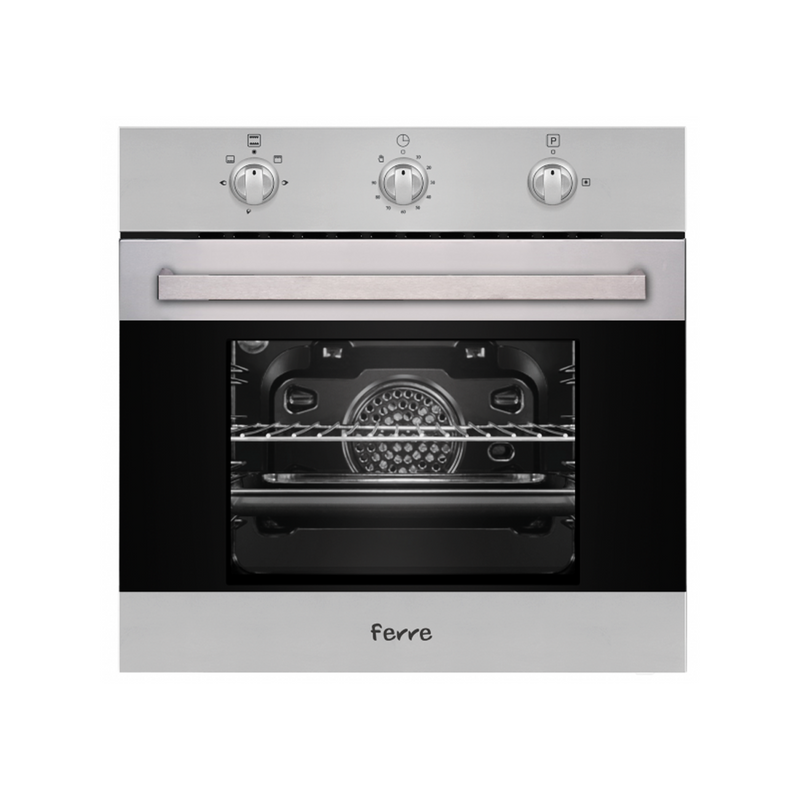 Horno empotrado eléctrico Ferre NBEG2 en acero inoxidable con puerta de vidrio templado para cocina moderna.
