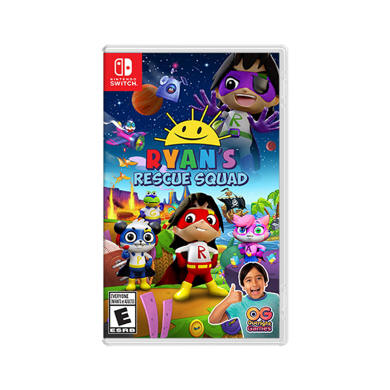 Videojuego Ryan's Rescue Squad para Nintendo Switch, caja con ilustraciones de personajes y escenas del juego.