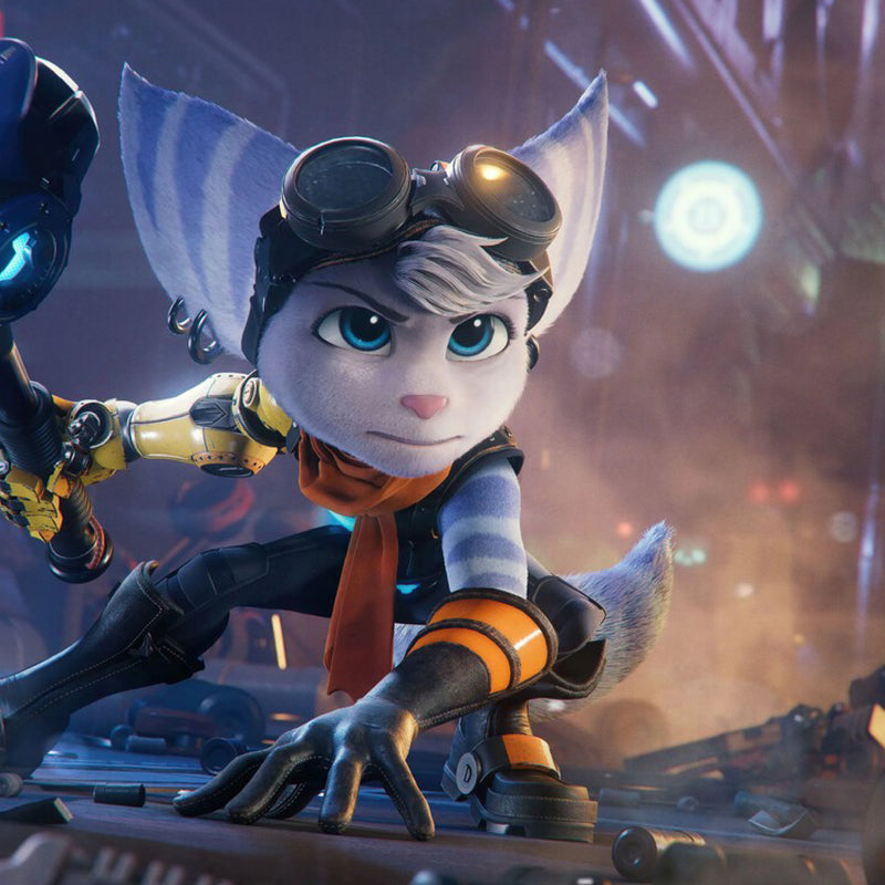 Videojuego Ratchet & Clank Rift Apart para PlayStation 5, imagen del juego con personajes y escenario en la portada.