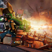 Videojuego Ratchet & Clank Rift Apart para PlayStation 5, juego de acción y aventura con personajes vibrantes y gráficos impresionantes.