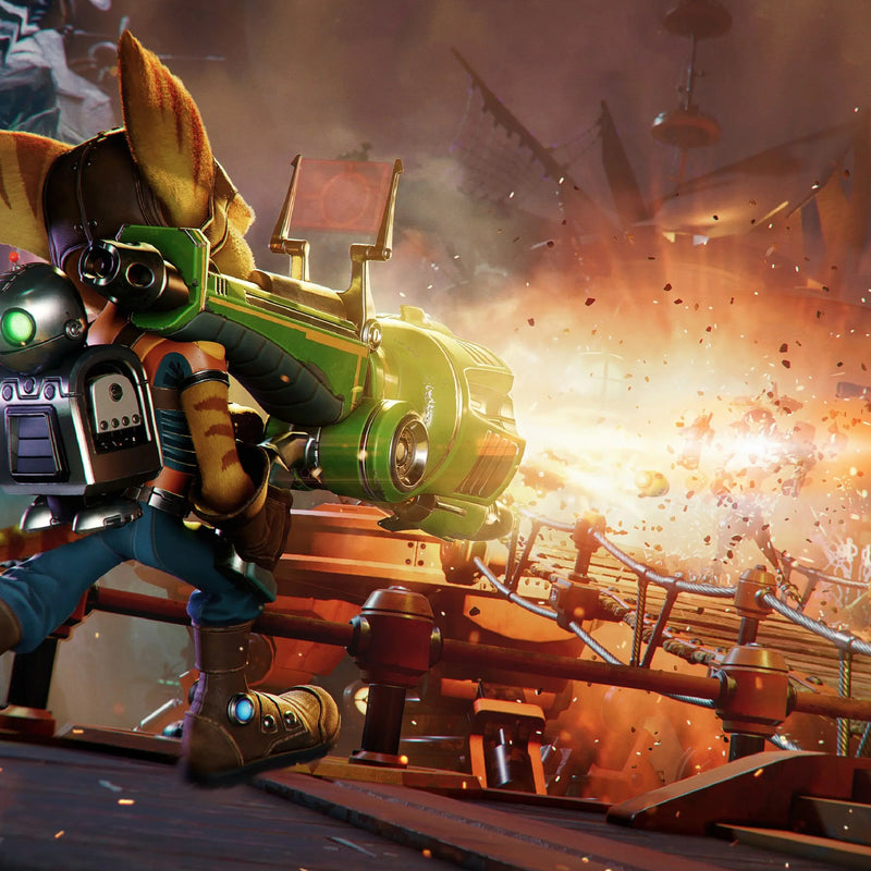 Videojuego Ratchet & Clank Rift Apart para PlayStation 5, juego de acción y aventura con personajes vibrantes y gráficos impresionantes.