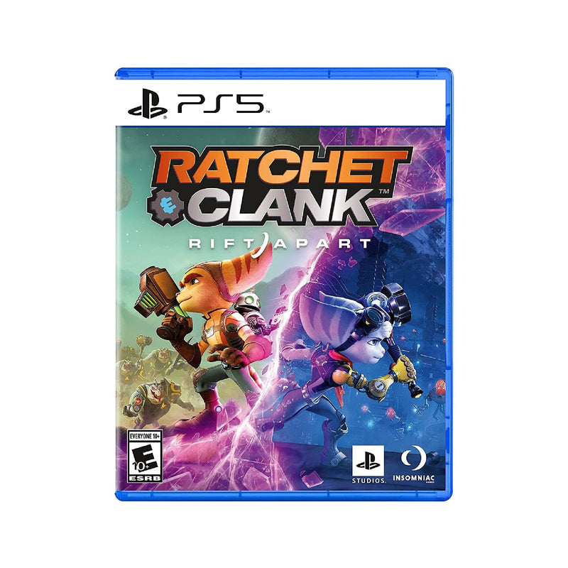 Videojuego Ratchet & Clank Rift Apart para PlayStation 5, caja con arte del juego y consola en fondo.