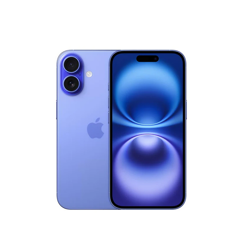Celular Apple iPhone 16 azul con pantalla de 6.12 pulgadas, 128GB de almacenamiento y 8GB de RAM en imagen.