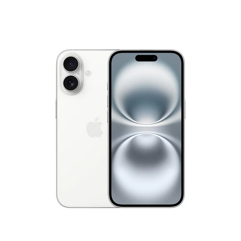 Celular Apple iPhone 16 en color blanco con pantalla de 6.12 pulgadas, 128GB de almacenamiento y 8GB de RAM.