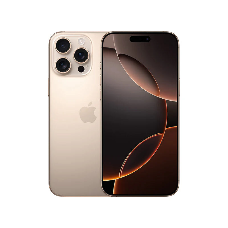 Teléfono móvil Apple iPhone 16 Pro dorado con pantalla de 6.3", doble SIM, 128GB de almacenamiento y 8GB de RAM.