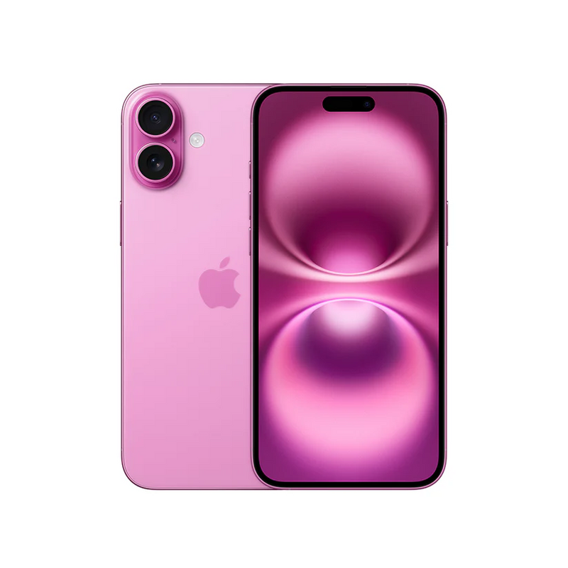 Teléfono Apple iPhone 16 rosa con pantalla de 6.12", 128GB de almacenamiento y 8GB de RAM, en imagen frontal mostrando pantalla y diseño.