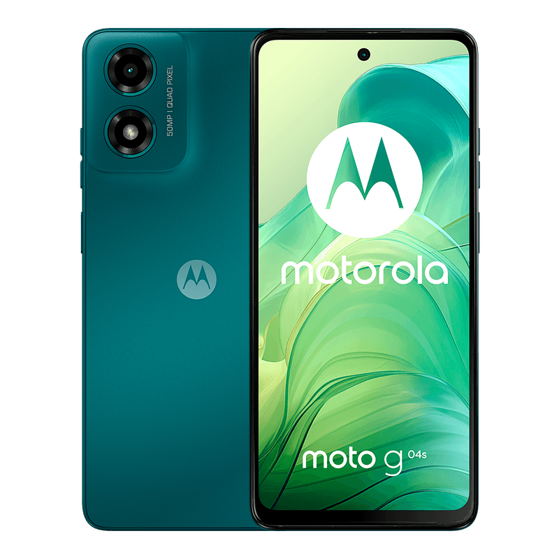 Teléfono Motorola G04S en color verde con pantalla de 6.6 pulgadas, doble SIM, 128GB de almacenamiento y 4GB de RAM.